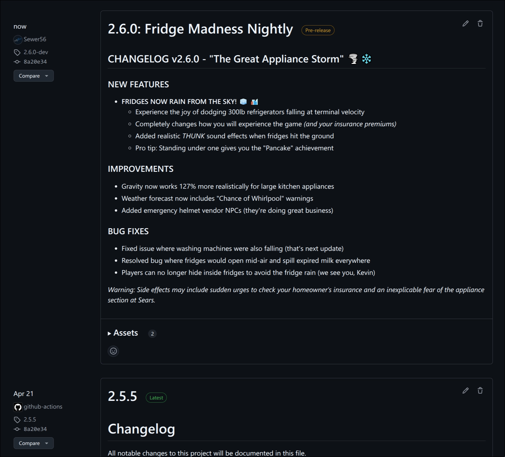 Example of flat release list on GitHub