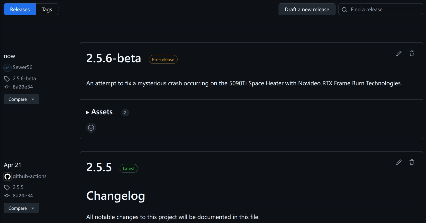 Example of flat release list on GitHub
