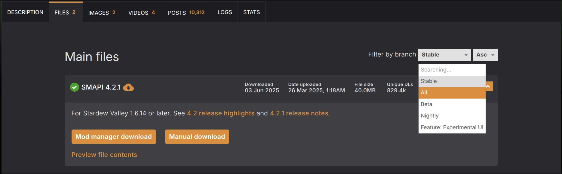 Example of flat release list on NexusMods